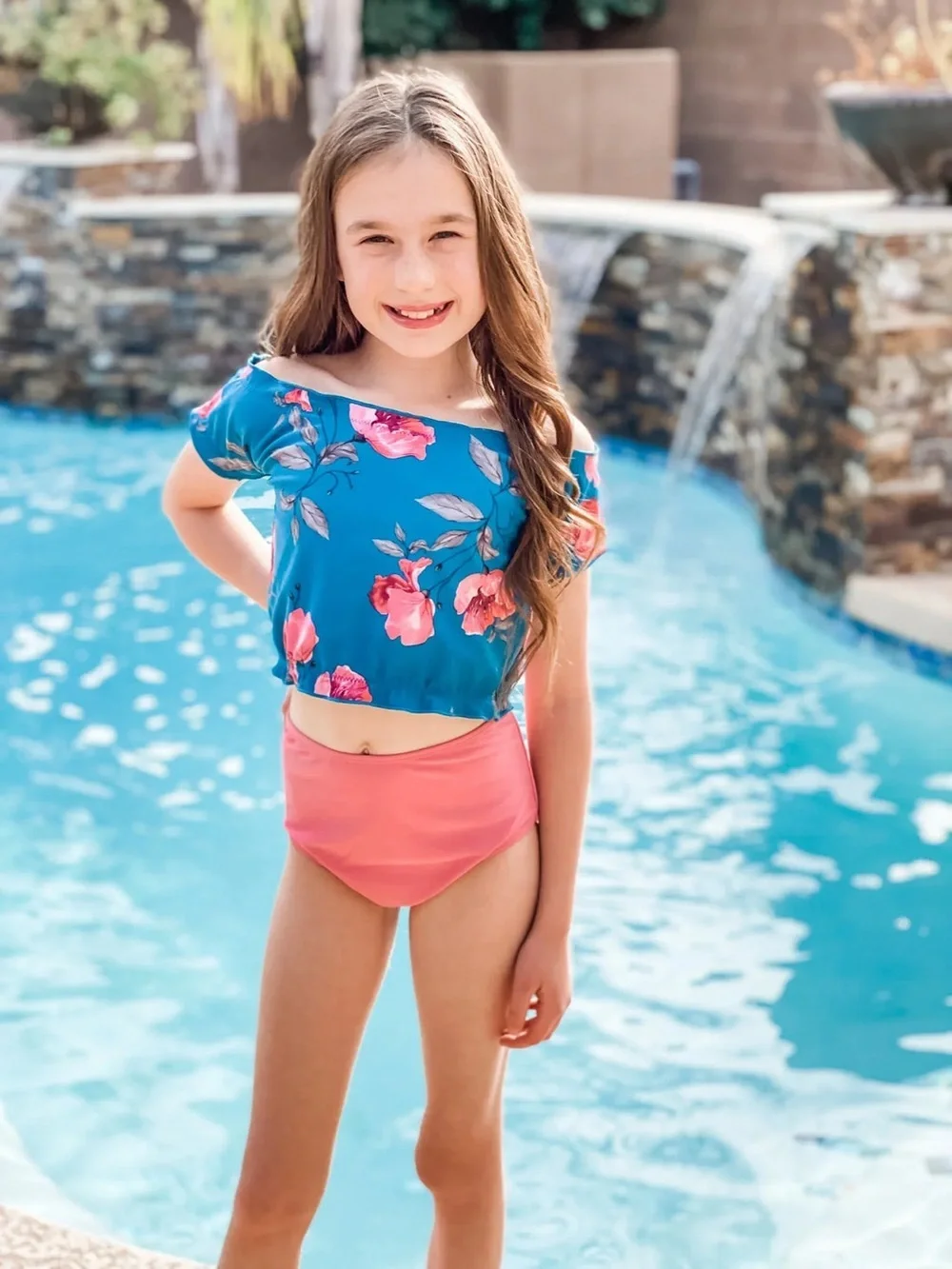 Coral Reef Teal Pink Reversible Floral Solid High Waisted Ruffle Swim Tankini